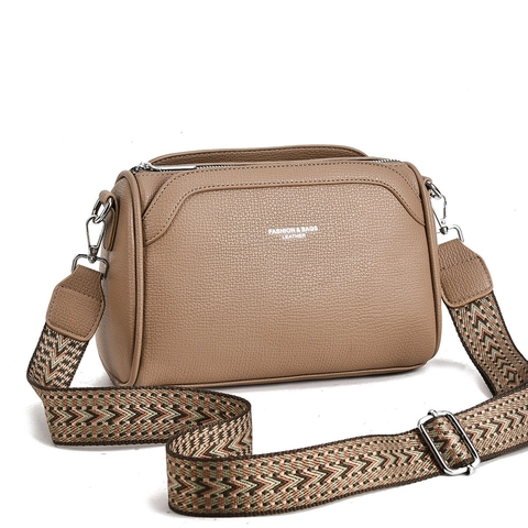 Women Crossbody Bag PU Leather Lychee Pattern Wide Woven Strap Multiple Zipper Compartments Versatile Fashion Shoulder Purse