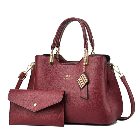 Handbag And Wallet Women PU Leather Litchi Pattern Elegant Classic Shoulder Crossbody Bag Large Capacity Daily