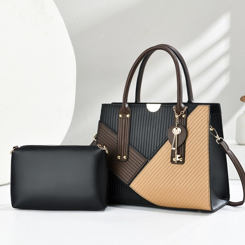 Women Retro Color Block Handbag Set Fashion PU Leather Tote Bag With Small Pouch Large Capacity Shoulder Bag For Daily