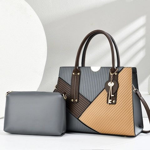 Women Retro Color Block Handbag Set Fashion PU Leather Tote Bag With Small Pouch Large Capacity Shoulder Bag For Daily