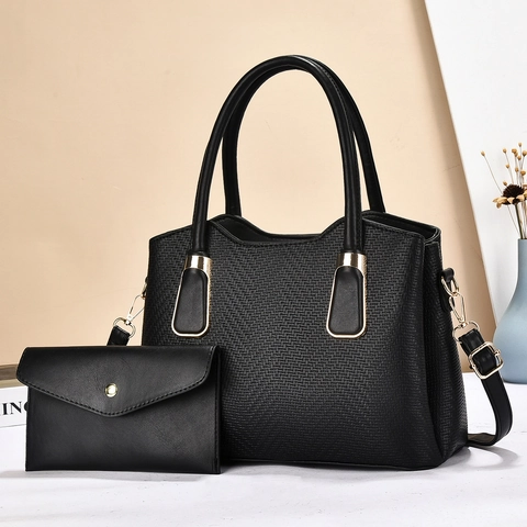 Damen PU Leder Handtasche Und Umschlagbeutel Gewebte Textur Umhängetasche Goldene Hardware Elegant Pendeln Schick