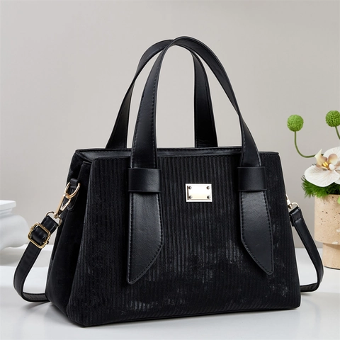 Women Corduroy PU Leather Handbag Large Capacity Vertical Striped Crossbody Bag With Detachable Strap Fashion Tote