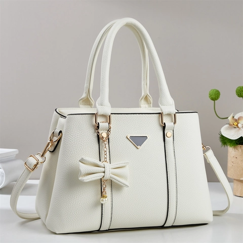 Bolso Espacioso Patrón Litchi Cuero PU Bolso De Mano Bolso De Hombro Con Lazo Perla Artificial Elegante Mujeres