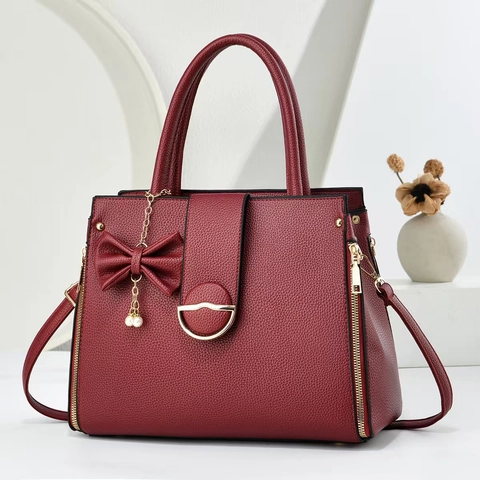 Elegante Bolso De Mano De Cuero PU Con Grano De Litchi Y Colgante De Lazo Y Perlas Artificiales Bolso De Hombro Con Asa Superior Para Mujer Moda