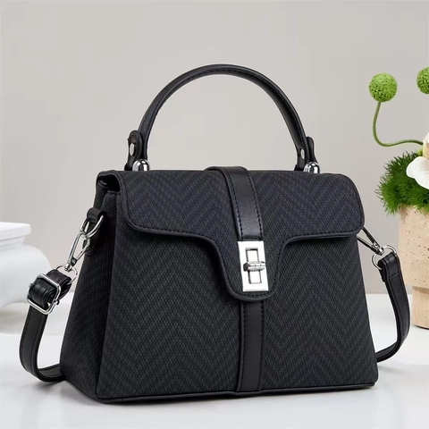 Sac À Main Sac Bandoulière Femme Cuir PU Tissu Tissé À Chevrons Fermoir Tournant Style Vintage Commuter