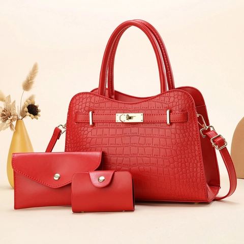 Sac À Main Portefeuille Porte-Cartes Combo De Sacs Femme Motif Crocodile Cuir PU Bandoulière Cabas Serrure Dorée