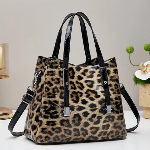 Women Leopard Print Handbag Shiny Patent PU Leather Tote Bag Crossbody With Detachable Strap Fashion Commuter Vintage