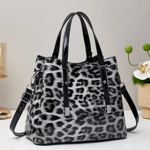 Sac À Main Motif Léopard Cuir Verni PU Grande Capacité Sac Bandoulière Style Vintage Pour Femmes