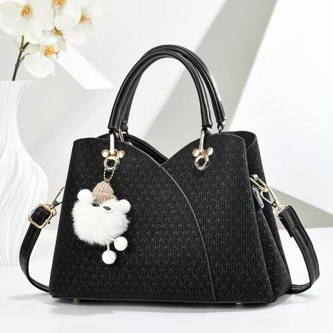 Damen Handtasche PU Leder Gewebte Textur Große Kapazität Tote Bag Mit Abnehmbarem Schultergurt Plüsch Anhänger