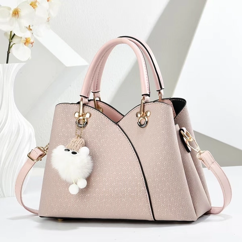Damen Handtasche PU Leder Gewebte Textur Große Kapazität Tote Bag Mit Abnehmbarem Schultergurt Plüsch Anhänger
