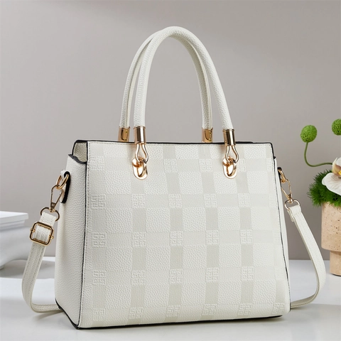 Borsa A Mano In Pelle PU Con Goffratura A Reticolo Grande Capacità Tote Bag Hardware Dorato Tracolla Rimovibile Donna