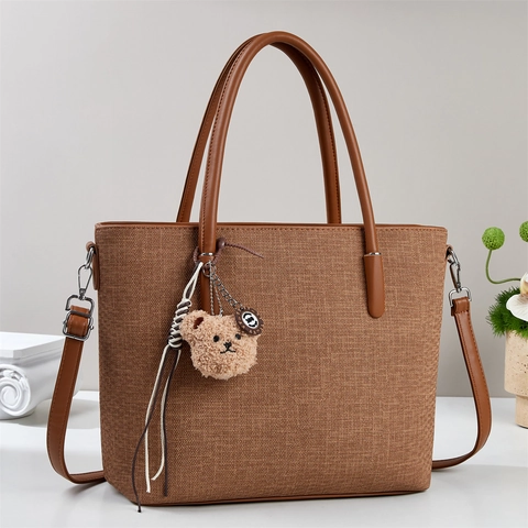 Borsa Tote Donna Grande Capacità Texture Tela Manico In Pelle PU Borsa A Tracolla Borsa A Spalla Con Ciondolo Orsetto Di Peluche