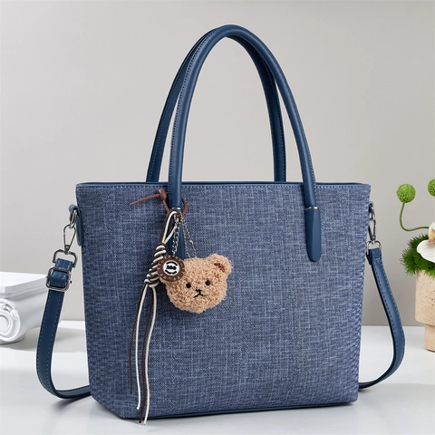Borsa Tote Donna Grande Capacità Texture Tela Manico In Pelle PU Borsa A Tracolla Borsa A Spalla Con Ciondolo Orsetto Di Peluche