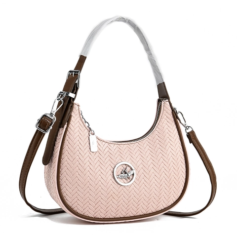 Women Woven PU Leather Hobo Bag Trendy Half Moon Shoulder Handbag Contrast Color Detachable Strap Metal Bird Decor