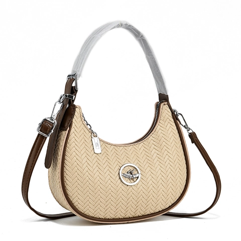 Women Woven PU Leather Hobo Bag Trendy Half Moon Shoulder Handbag Contrast Color Detachable Strap Metal Bird Decor