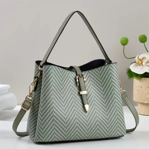 Borsa a Secchiello da Donna in Pelle PU di Grande Capacità Motivo a Spina di Pesce Borsa a Tracolla Minimalista per Pendolari