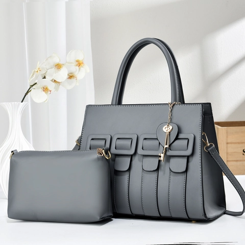 PU Leather Handbag And Pouch With Buckle Decor Golden Key Charm Large Capacity Shoulder Bag For Women Modern Chic