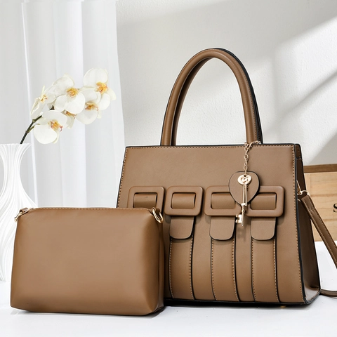 PU Leather Handbag And Pouch With Buckle Decor Golden Key Charm Large Capacity Shoulder Bag For Women Modern Chic