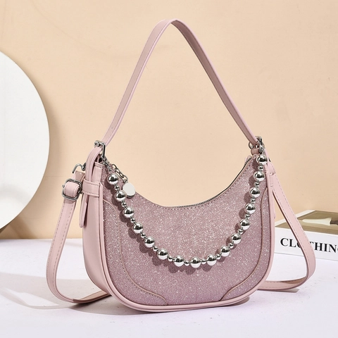 Borsa A Spalla Hobo In Pelle PU Luccicante Mezzaluna Tracolla Con Catena A Perle Argentate Moda Donna Versatile
