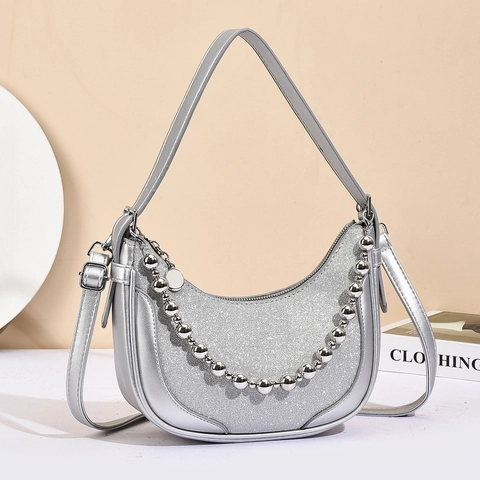 Borsa A Spalla Hobo In Pelle PU Luccicante Mezzaluna Tracolla Con Catena A Perle Argentate Moda Donna Versatile