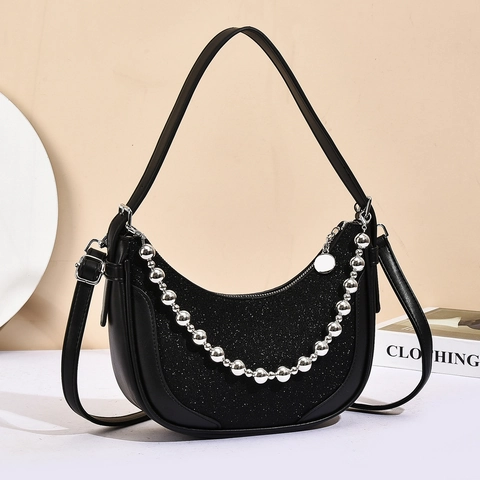 Women Crescent Hobo Underarm Bag Glitter PU Leather Shoulder Bag With Metal Bead Chain Adjustable Strap Party Handbag