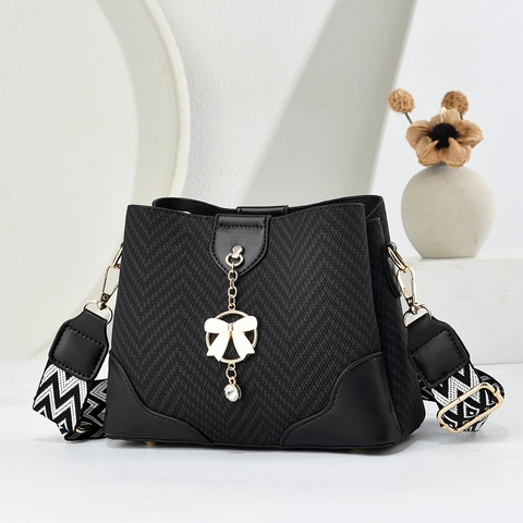 Woven Textur PU Leder Eimertasche Schulter Umhängetasche Breiter Jacquard Riemen Bogen Charme Elegant Mode Für Damen
