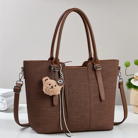 Große Kapazität Tote Bag Leinwand Und Kunstleder Handtasche Mit Bärenanhänger Vintage Mode Schultertasche Für Damen