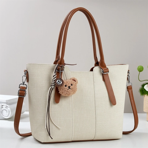 Große Kapazität Tote Bag Leinwand Und Kunstleder Handtasche Mit Bärenanhänger Vintage Mode Schultertasche Für Damen