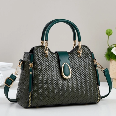 Sac À Main En Cuir PU Tressé Grande Capacité Sac À Épaule Bandoulière Matériel Doré Style Rétro Élégant Femme