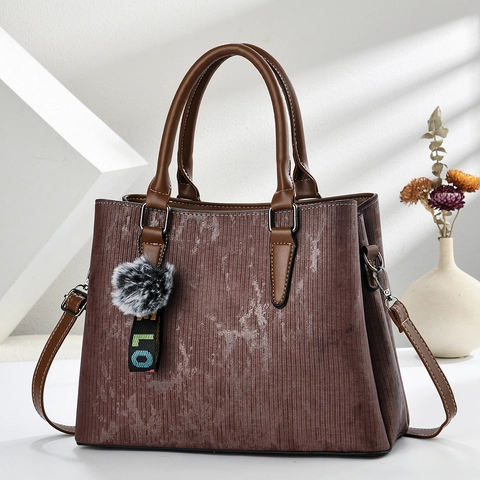 Women Retro Shoulder Bag PU Leather Vertical Texture Handbag With Pompom Charm Casual Daily Tote