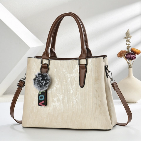Elegant PU Leather Handbag For Women Large Capacity Crossbody Bag With Marble Texture Fur Ball Charm Commuting Tote Handbag