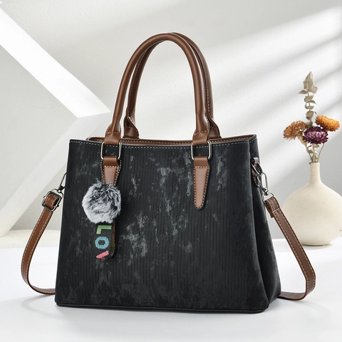 Elegant PU Leather Handbag For Women Large Capacity Crossbody Bag With Marble Texture Fur Ball Charm Commuting Tote Handbag