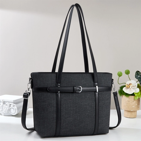 Sac Fourre-Tout Grande Capacité Pour Femmes En Tissu Et Cuir PU Avec Bandoulière Amovible Style Rétro Mode