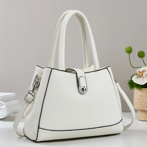 Women PU Leather Lychee Grain Handbag Tote With Metal Turn Lock Double Handle Adjustable Strap Urban Minimalist Daily