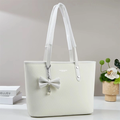 Bolso Tote De Cuero PU Con Textura Tejida Gran Capacidad Bolso De Hombro Para Viajar Con Decoración De Lazo Y Perlas Artificiales Para Mujeres