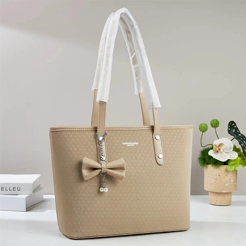 Bolso Tote De Cuero PU Con Textura Tejida Gran Capacidad Bolso De Hombro Para Viajar Con Decoración De Lazo Y Perlas Artificiales Para Mujeres