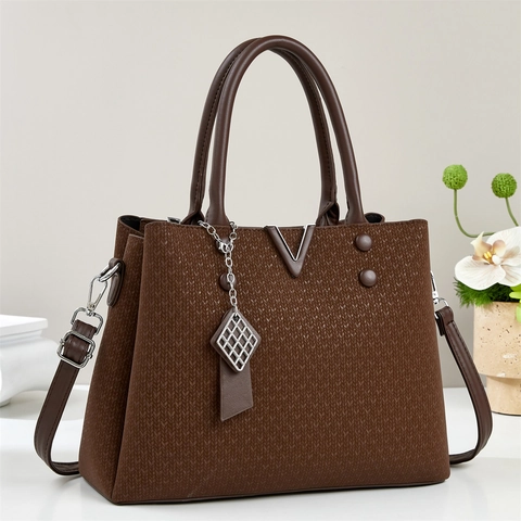 Women Handbag PU Leather Woven Texture Shoulder Bag With V Metal Decor Large Capacity Top Handle Crossbody Purse Elegant