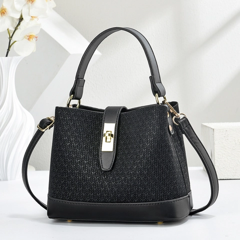 Retro Eimer Tasche Damen PU Leder Gewebte Textur Handtasche Mit Goldener Verschluss Umhängetasche Für Den Alltag