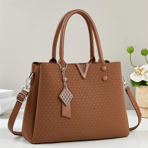 Women Handbag PU Leather Woven Texture Shoulder Bag With V Metal Decor Large Capacity Top Handle Crossbody Purse Elegant