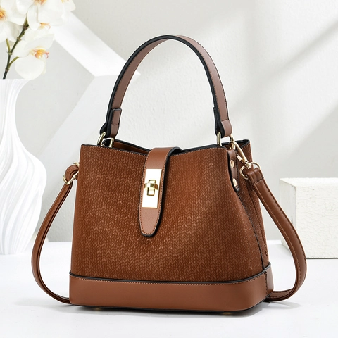 Retro Eimer Tasche Damen PU Leder Gewebte Textur Handtasche Mit Goldener Verschluss Umhängetasche Für Den Alltag