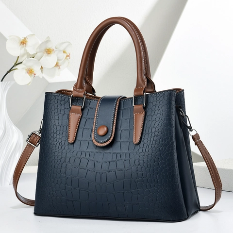 Women Vintage Crocodile Pattern PU Leather Handbag Retro Commuter Shoulder Crossbody Bag With Contrast Brown Handles