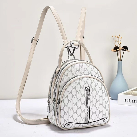 Mini Sac À Dos Mode Femmes Cuir PU Imprimé Lettres Monogramme M Fermeture Éclair Multi Couches Sac Bandoulière Versatile