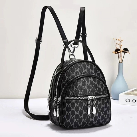 Women Mini PU Leather Backpack Fashion Multi-Zipper Monogram Print Small Casual Travel Daypack For Girls