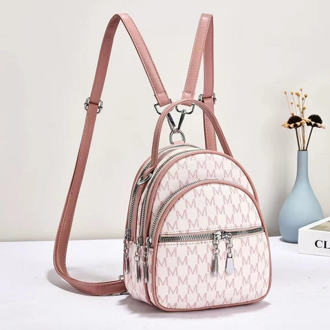 Women Mini PU Leather Backpack Fashion Multi-Zipper Monogram Print Small Casual Travel Daypack For Girls