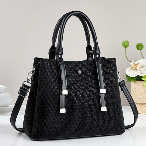 Sac À Main Femme Cuir PU Texture Tissée Grande Capacité Sac Bandoulière Sac À Épaule Sangle Amovible Minimaliste