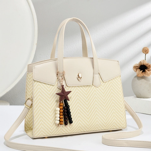 Women Handbag PU Leather Woven Patchwork Shoulder Bag With Heart Lock Star Charm Retro Commuter Crossbody Purse