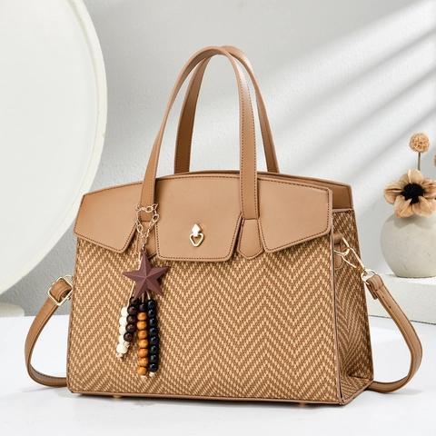 Elegante Bolso De Mano Retro De Cuero PU Tejido Mujeres Color Contrastado Cierre De Corazón Colgante Estrella Bolso Cruzado