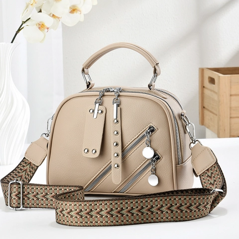 Borsa A Tracolla Da Donna Pelle PU Motivo Litchi Borsa A Mano Doppia Cerniera Rivetto Bohemien Tracolla Larga Trendy