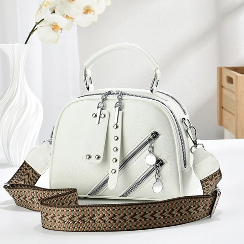 Borsa A Tracolla Da Donna Pelle PU Motivo Litchi Borsa A Mano Doppia Cerniera Rivetto Bohemien Tracolla Larga Trendy