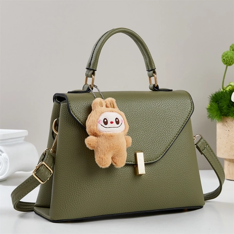 Women Litchi Grain PU Leather Handbag With Plush Rabbit Pendant Golden Metal Lock Retro Square Shoulder Crossbody Bag